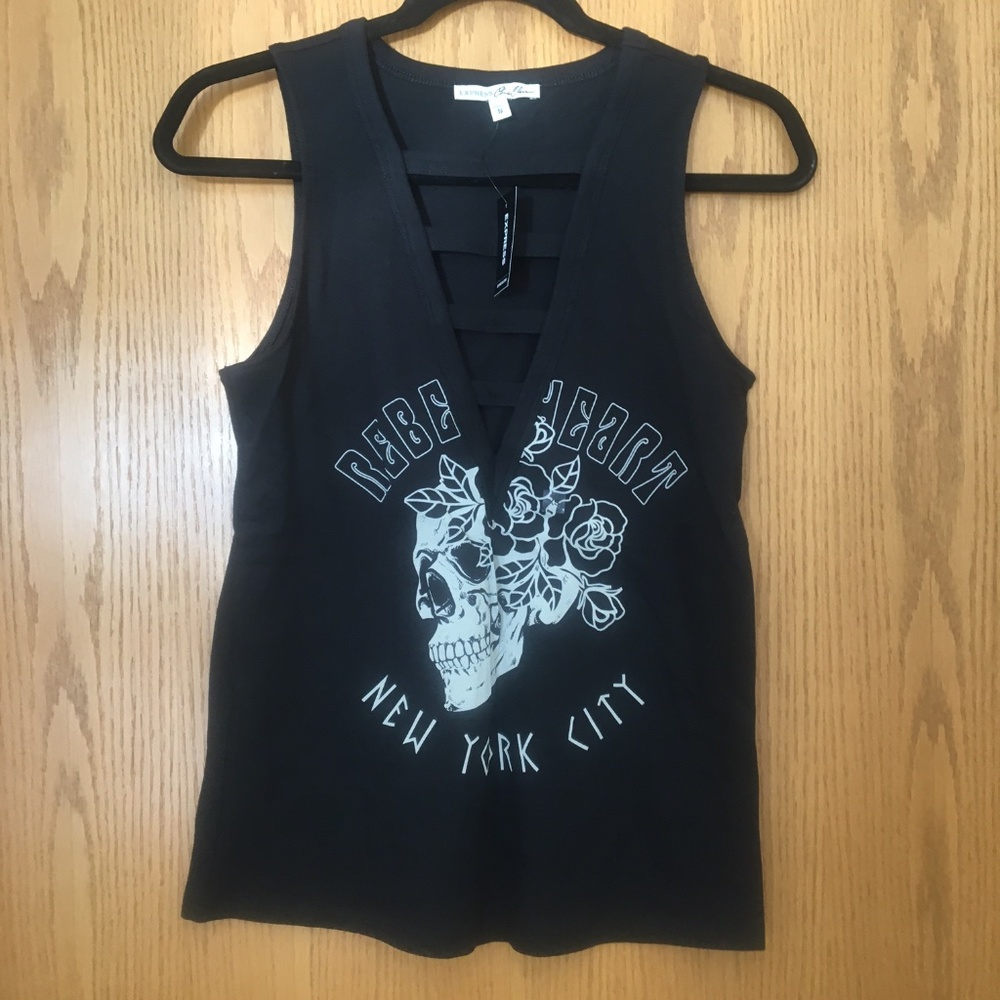 NWT Express Deep V-Neck Cut Out Skull Tank